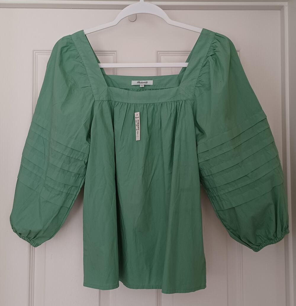 Madewell Square Neck Pleat Sleeve Top Pale Evergreen S NWT